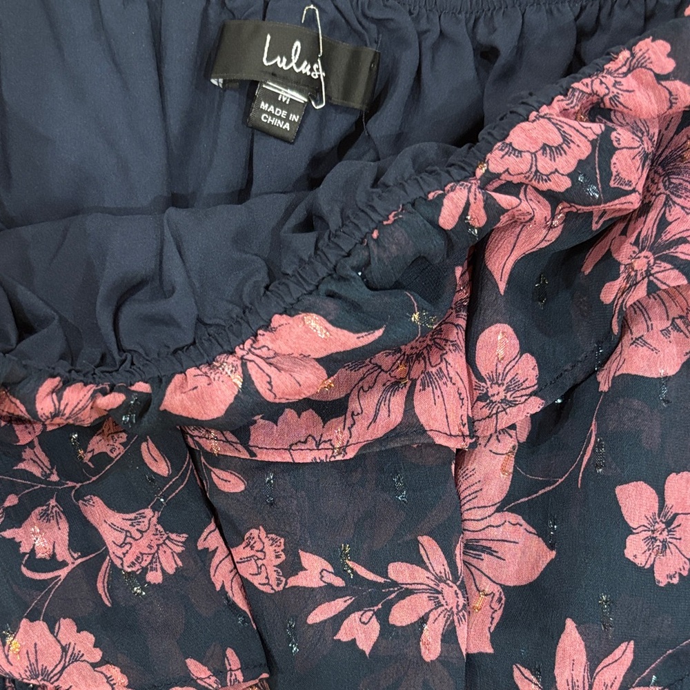 Lulu's Pink Floral Off Shoulder Ruffle Lurex Maxi Dress M - Picture 3 of 9